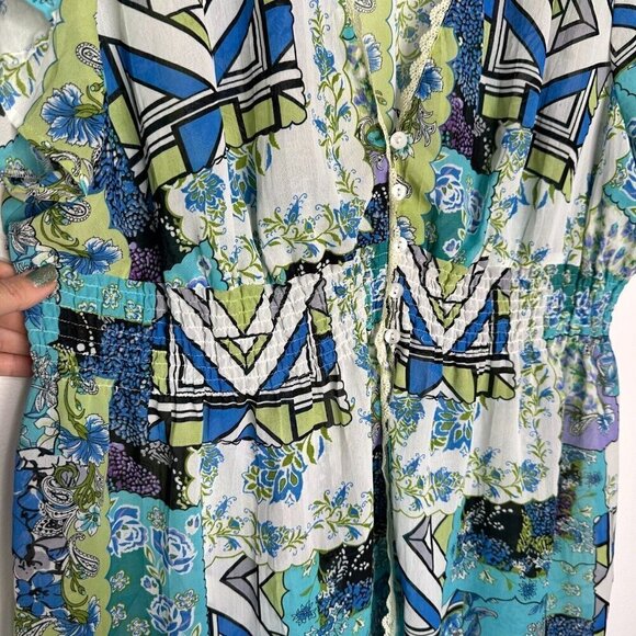 Notations Smocked Topper Size 3X Patchwork Print Sheer Lace Boho Peasant - Picture 4 of 15